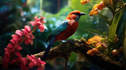 Beautiful and exotic bird perched on a tree branch in a tropical garden. Generative AI - obrazy, fototapety, plakaty