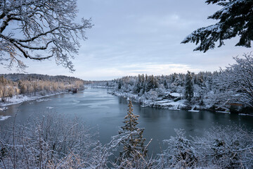 Willamette River viewed from the southern suburbs in the Portland metro area in Oregon on a cold...