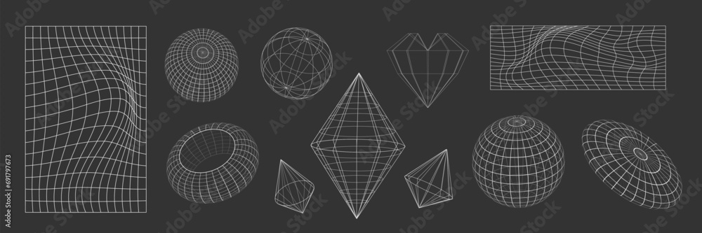 Poster y2k white grid abstract shape. vector illustration set of wireframe geometric forms and symbols. ret