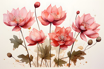 Picture watercolor of lotus flower pink with leaves set on white background. Realistic flower clipart template pattern. 