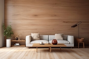 Living room with cozy and warm tone decorated with oak wood wall and floor background, Scandinavian and minimal design, decoration with sofa, carpet, pillows and lamp.