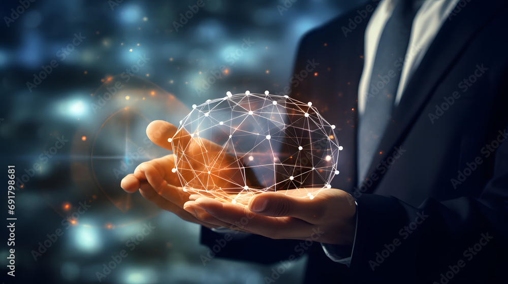 Poster businessman hand touching global network and data exchanges over the world 3d rendering. generative 