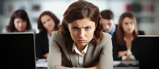 Stressed female team leader at office desk with colleagues.
