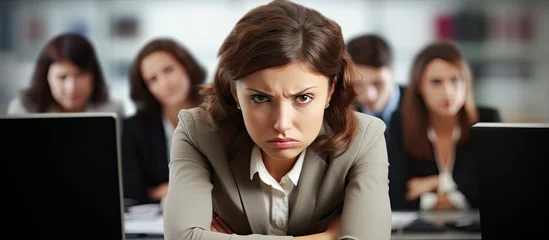 Foto op Plexiglas Stressed female team leader at office desk with colleagues. © 2rogan