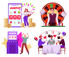 Gambling entertainment cartoon vector set, slot machine jackpot win, men play poker, croupier isolated illustration