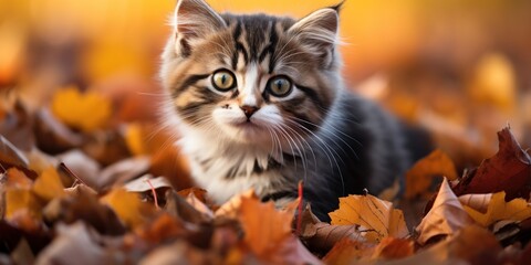 Naklejka na ściany i meble A playful kitten in a landscape of golden autumn leaves.