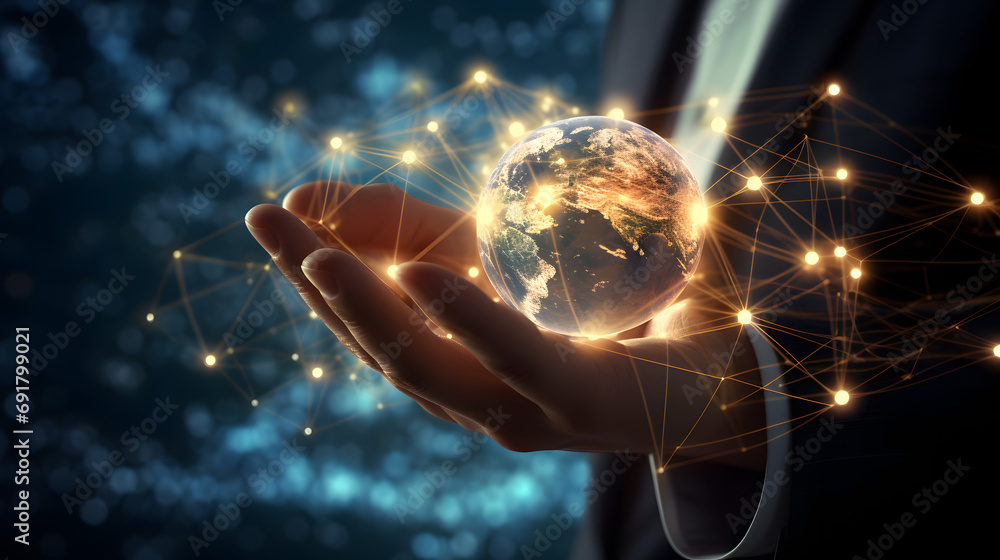 Poster businessman hand touching global network and data exchanges over the world 3d rendering. generative 