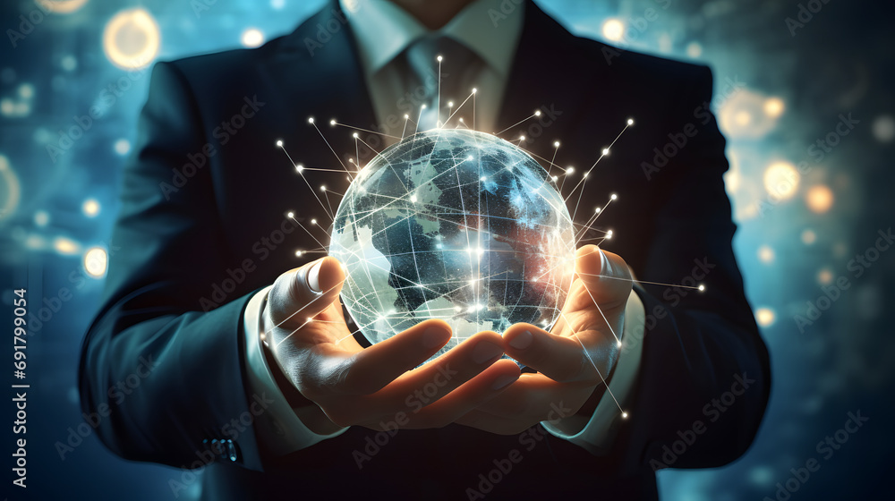 Poster businessman holding global network connection. big data analytics and business intelligence concept.