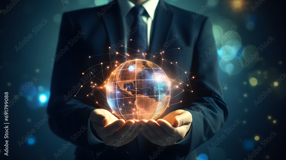 Poster businessman holding global network connection. big data analytics and business intelligence concept.