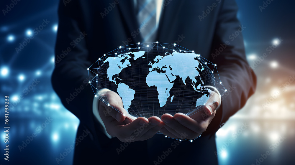 Poster businessman holding global network connection. big data analytics and business intelligence concept.