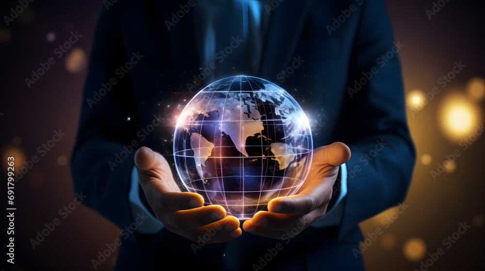 Poster businessman holding global network connection. big data analytics and business intelligence concept.