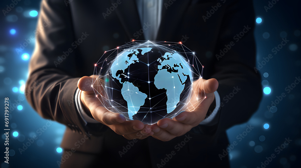 Poster businessman holding global network connection. big data analytics and business intelligence concept.