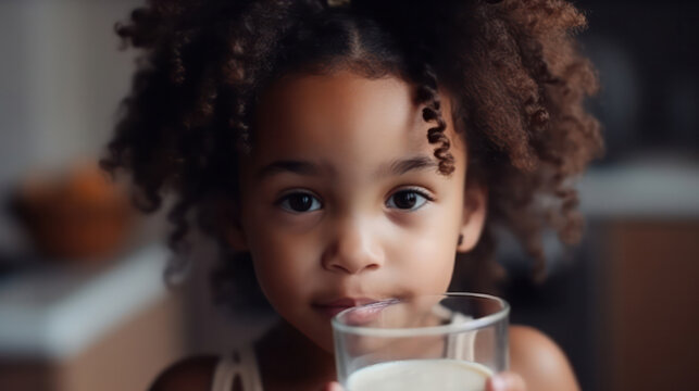 A little black girl cute kid holding a cup of milk in kitchen.