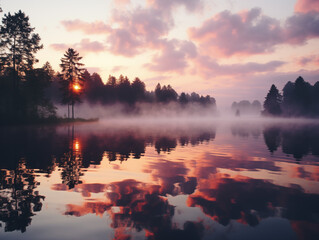 Sunrise over mountains with a serene lake reflecting sky's pink and orange hues. Ideal for travel, inspiration. No human elements, pure nature.