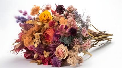 Beautiful colorful dried flower bouquet in the white background