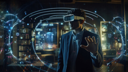 A smart looking man interacting with an mixed reality environment filled.