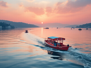 Sunrise over mountains with a serene lake reflecting sky's pink and orange hues. Ideal for travel, inspiration. No human elements, pure nature.