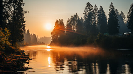 Sunrise over mountains with a serene lake reflecting sky's pink and orange hues. Ideal for travel, inspiration. No human elements, pure nature.