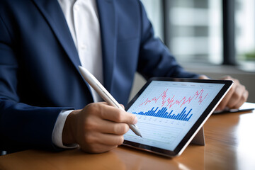 Businessman using digital tablet analyzing sales data and financial growth graph chart report. Business planning, strategy and development. Financial and banking. market research, data . Generative Ai - obrazy, fototapety, plakaty