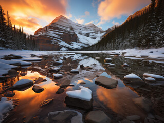 Sunrise over mountains with a serene lake reflecting sky's pink and orange hues. Ideal for travel, inspiration. No human elements, pure nature.