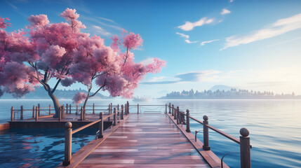 Sunrise over mountains with a serene lake reflecting sky's pink and orange hues. Ideal for travel, inspiration. No human elements, pure nature.