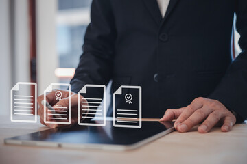 Document management concept.Document Management System (DMS) Online document database with Virtual screen icons software for efficient archiving, searching and management of company files and data.