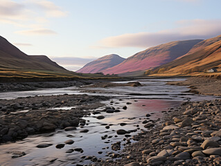 Sunrise over mountains with a serene lake reflecting sky's pink and orange hues. Ideal for travel, inspiration. No human elements, pure nature.