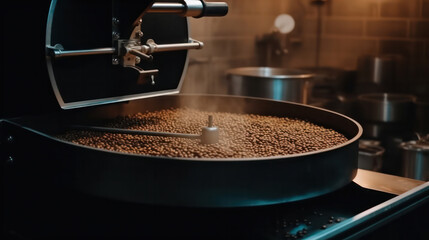 Coffee roaster, Aromatic coffee beans situating in modern equipment with grain chiller.