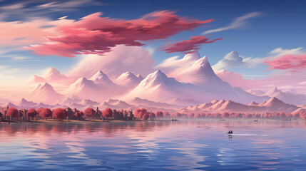Sunrise over mountains with a serene lake reflecting sky's pink and orange hues. Ideal for travel, inspiration. No human elements, pure nature.