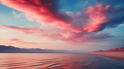 Sunrise over mountains with a serene lake reflecting sky's pink and orange hues. Ideal for travel, inspiration. No human elements, pure nature.