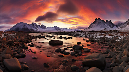 Sunrise over mountains with a serene lake reflecting sky's pink and orange hues. Ideal for travel, inspiration. No human elements, pure nature.