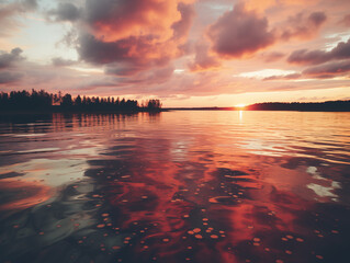 Sunrise over mountains with a serene lake reflecting sky's pink and orange hues. Ideal for travel, inspiration. No human elements, pure nature.