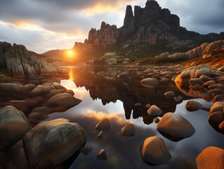Sunrise over mountains with a serene lake reflecting sky's pink and orange hues. Ideal for travel, inspiration. No human elements, pure nature.