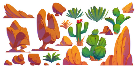 Elements for creating desert arizona or african landscape - green cactus and bushes with flower, brown mountain and rocks. Cartoon vector illustration set of wilderness scenery vegetation and stones. - obrazy, fototapety, plakaty