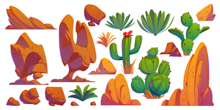 Elements for creating desert arizona or african landscape - green cactus and bushes with flower, brown mountain and rocks. Cartoon vector illustration set of wilderness scenery vegetation and stones.