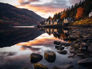Sunrise over mountains with a serene lake reflecting sky's pink and orange hues. Ideal for travel, inspiration. No human elements, pure nature.