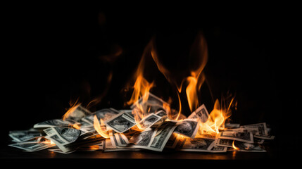 Dollar bills pile burning in close-up over black background, Burning money on fire, fiat Inflation concept - obrazy, fototapety, plakaty