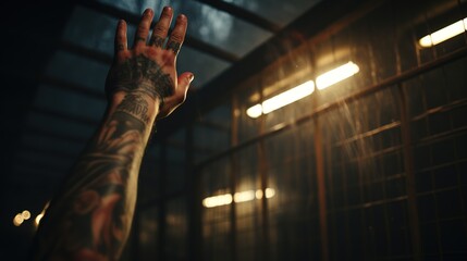 Fototapeta na wymiar The hand of a prisoner in tattoos reaches out to freedom, to the light in the window