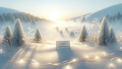 Happy New Year sign amidst snowy pine trees at sunrise. AI Generated.