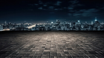 Empty brick floor with cityscape and skyline background, night sky.