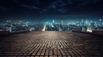 Fotobehang Empty brick floor with cityscape and skyline background, night sky. © bird_saranyoo