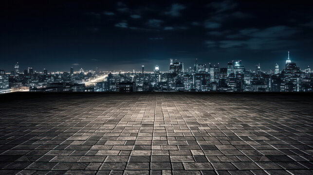 Empty brick floor with cityscape and skyline background, night sky.