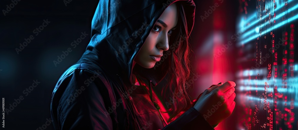 Poster female thief exploiting network systems to steal information and passwords. criminal bypassing secur