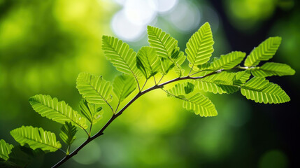 Fototapeta na wymiar Close up of green leaves on blurred greenery background in sunny day