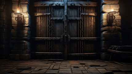 Wooden door in the dark. Conceptual image - obrazy, fototapety, plakaty