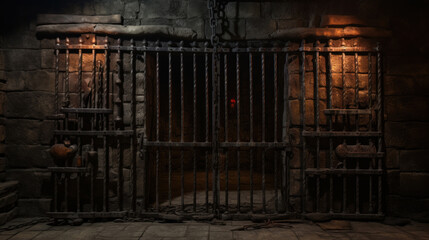 Old iron prison bars in a dark room.