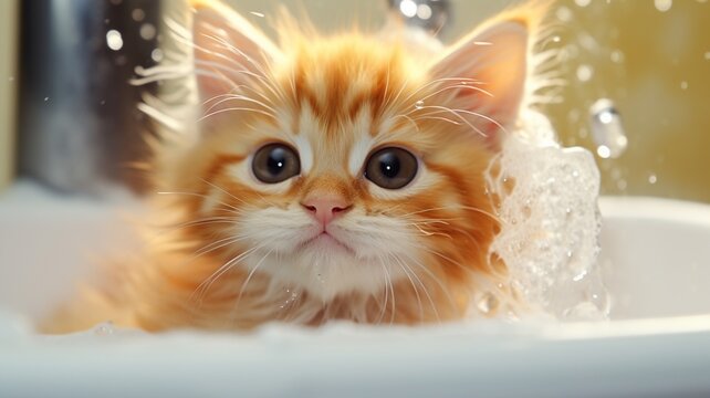 Generative AI Tiny orange kitten being bathed sink pictures