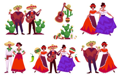 Set of Mexican men and women in traditional costumes flat style - obrazy, fototapety, plakaty