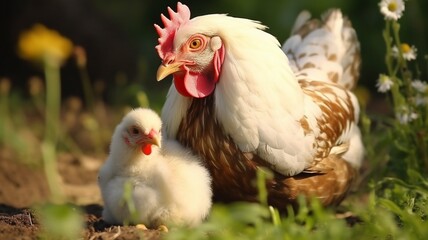 Fototapeta premium Hen animal caressing its baby AI Generated pictures