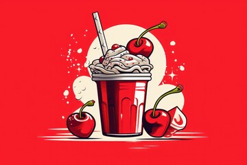  a picture of a cup of ice cream with cherries around it and a spoon sticking out of the cup. - obrazy, fototapety, plakaty